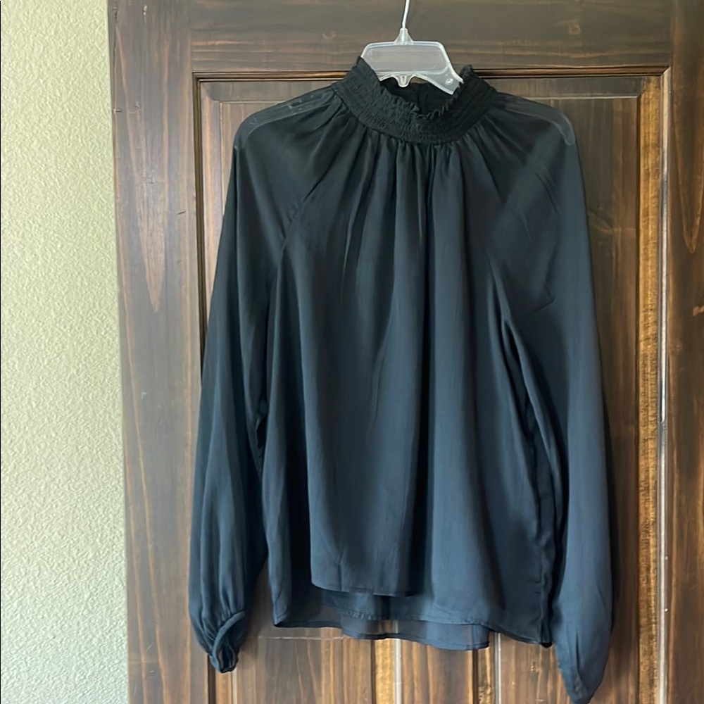Joie Black Pleated Mandarin Collar Blouse Size L